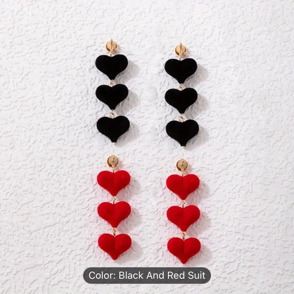 Bundle of two pairs of velvet triple heart drop earrings black and red NWT - Picture 1 of 8